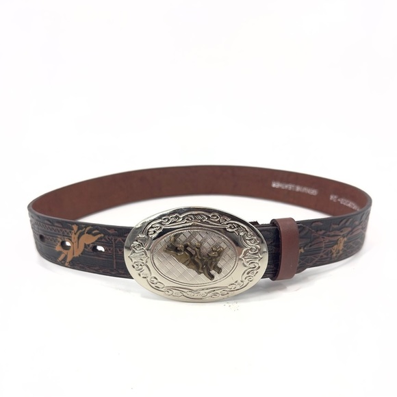 Nocona Western Rodeo Tooled Leather Belt Boys Size 24 Big Buckle Bull Rider - Picture 2 of 13